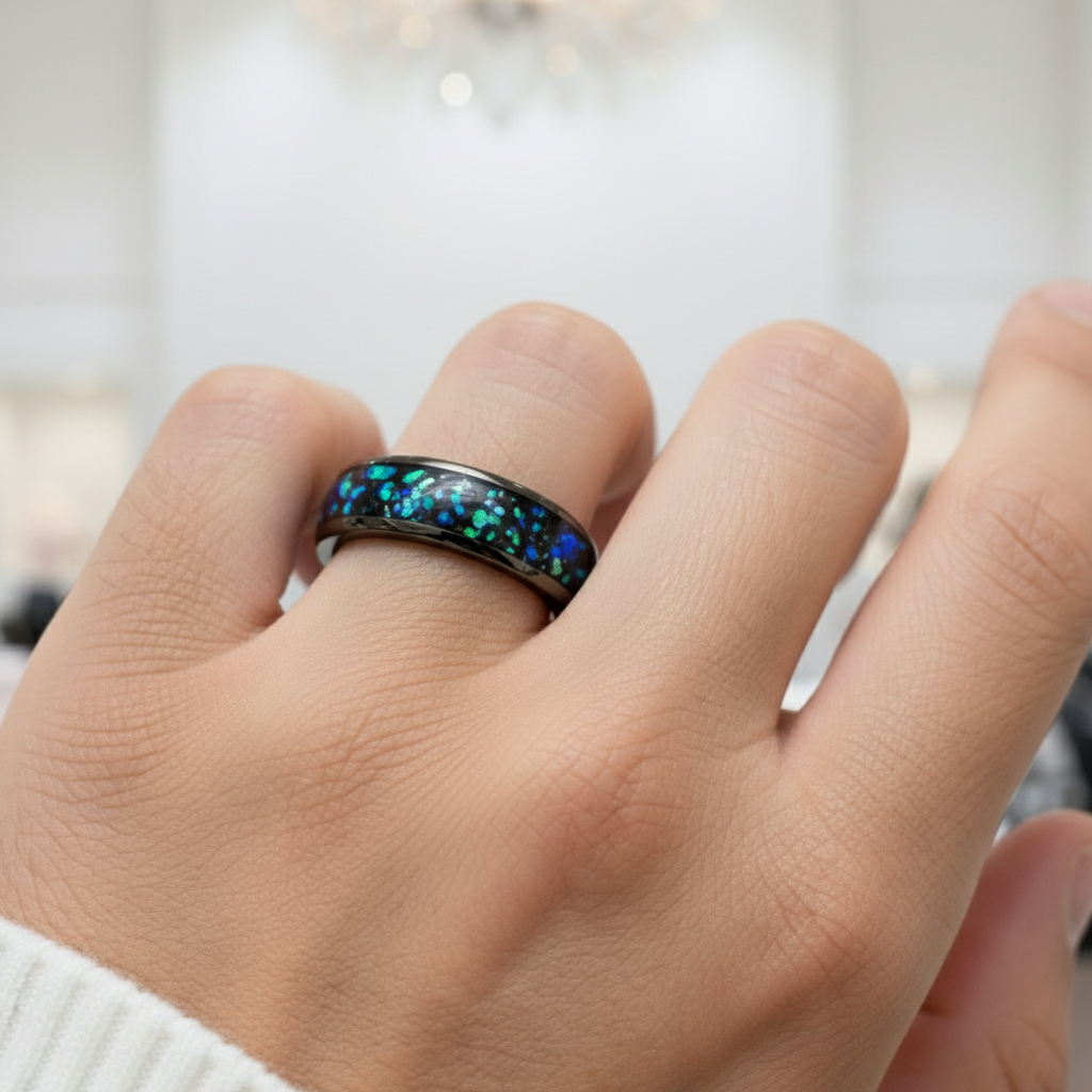 Galaxy Opal Inlay Men's Tungsten Wedding Band-Black Diamonds New York