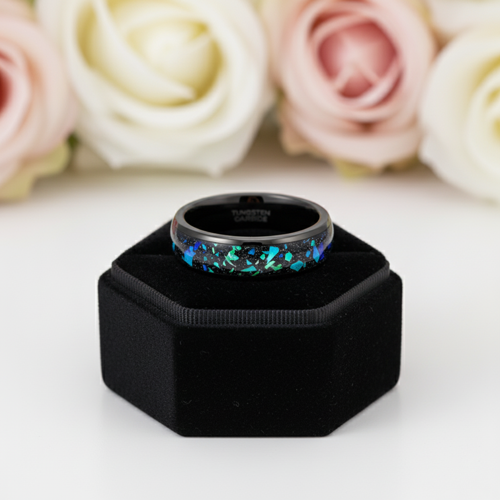 Galaxy Opal Inlay Men's Tungsten Wedding Band-Black Diamonds New York
