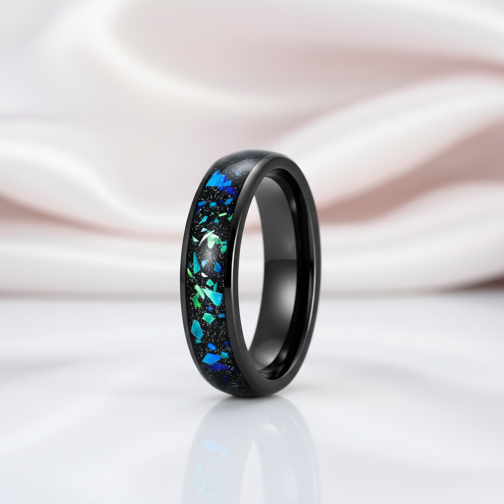 Galaxy Opal Inlay Men's Tungsten Wedding Band-Black Diamonds New York