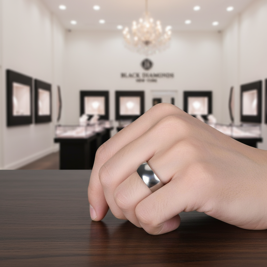 Glossy Dome Men's Titanium Wedding Band-Black Diamonds New York