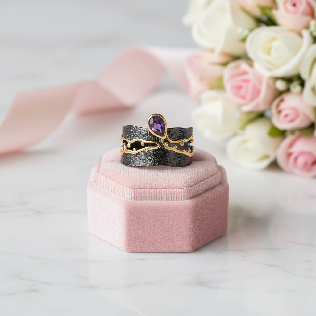 Golden Bead Honey Raindrop Amethyst Ring-Black Diamonds New York