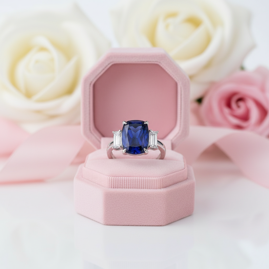 Gorgeous Blue Sapphire Cushion Cut Three Stone Engagement Ring-Black Diamonds New York