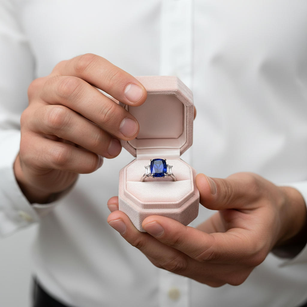 Gorgeous Blue Sapphire Cushion Cut Three Stone Engagement Ring-Black Diamonds New York