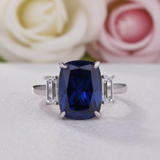 Gorgeous Blue Sapphire Cushion Cut Three Stone Engagement Ring-Black Diamonds New York