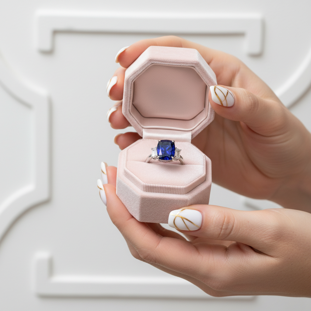 Gorgeous Blue Sapphire Cushion Cut Three Stone Engagement Ring-Black Diamonds New York