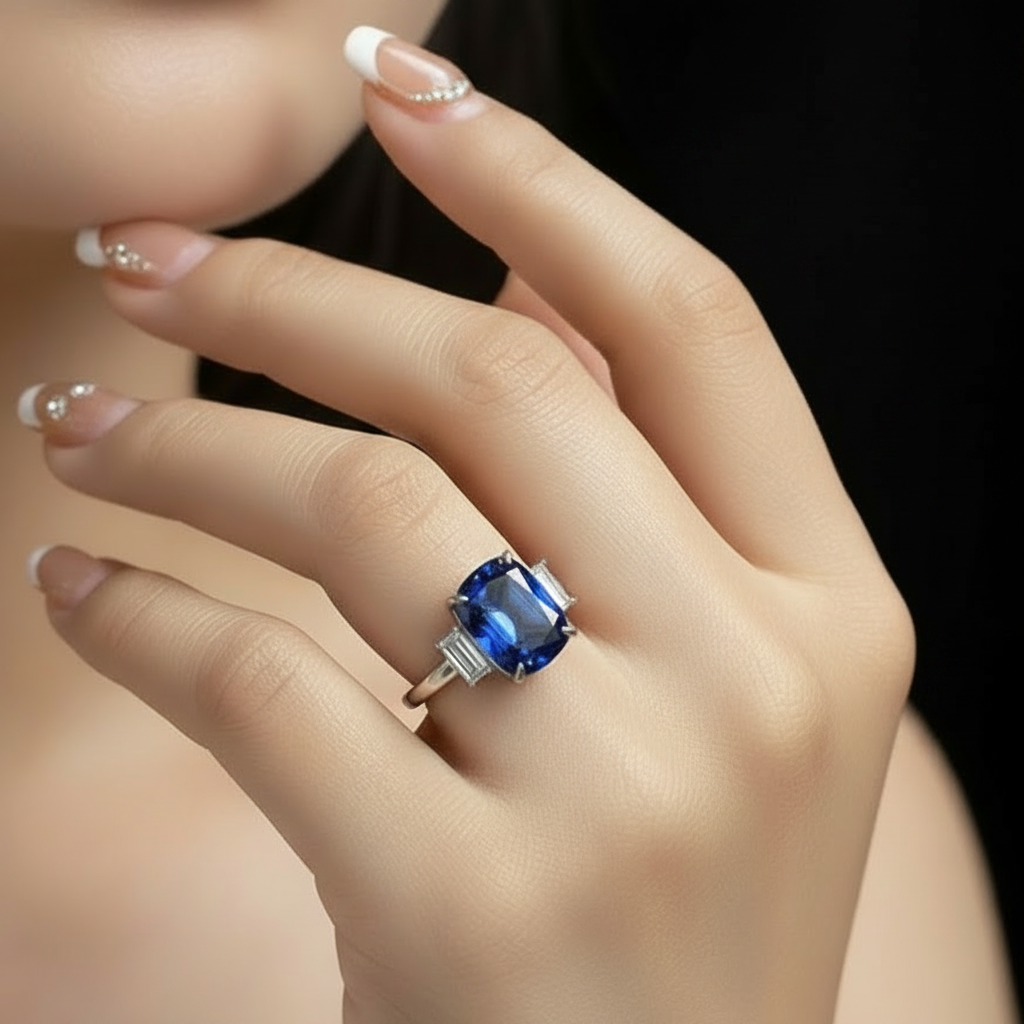 Gorgeous Blue Sapphire Cushion Cut Three Stone Engagement Ring-Black Diamonds New York