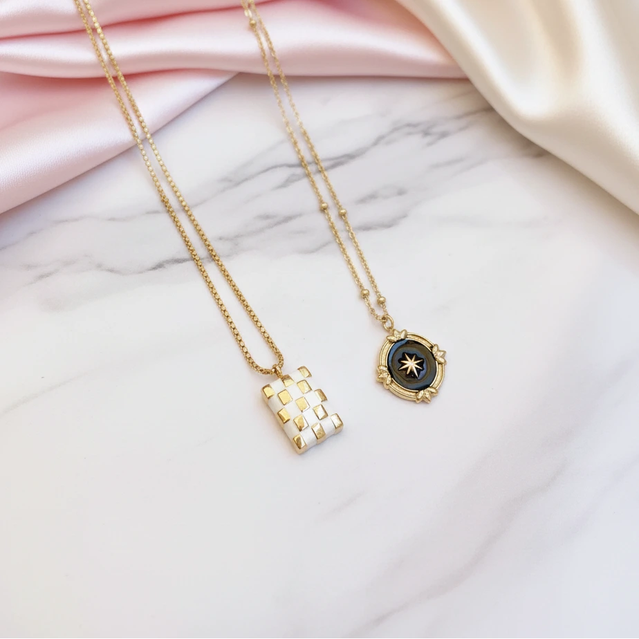 Gorgeous Checkerboard Women's Pendant Necklace-Black Diamonds New York