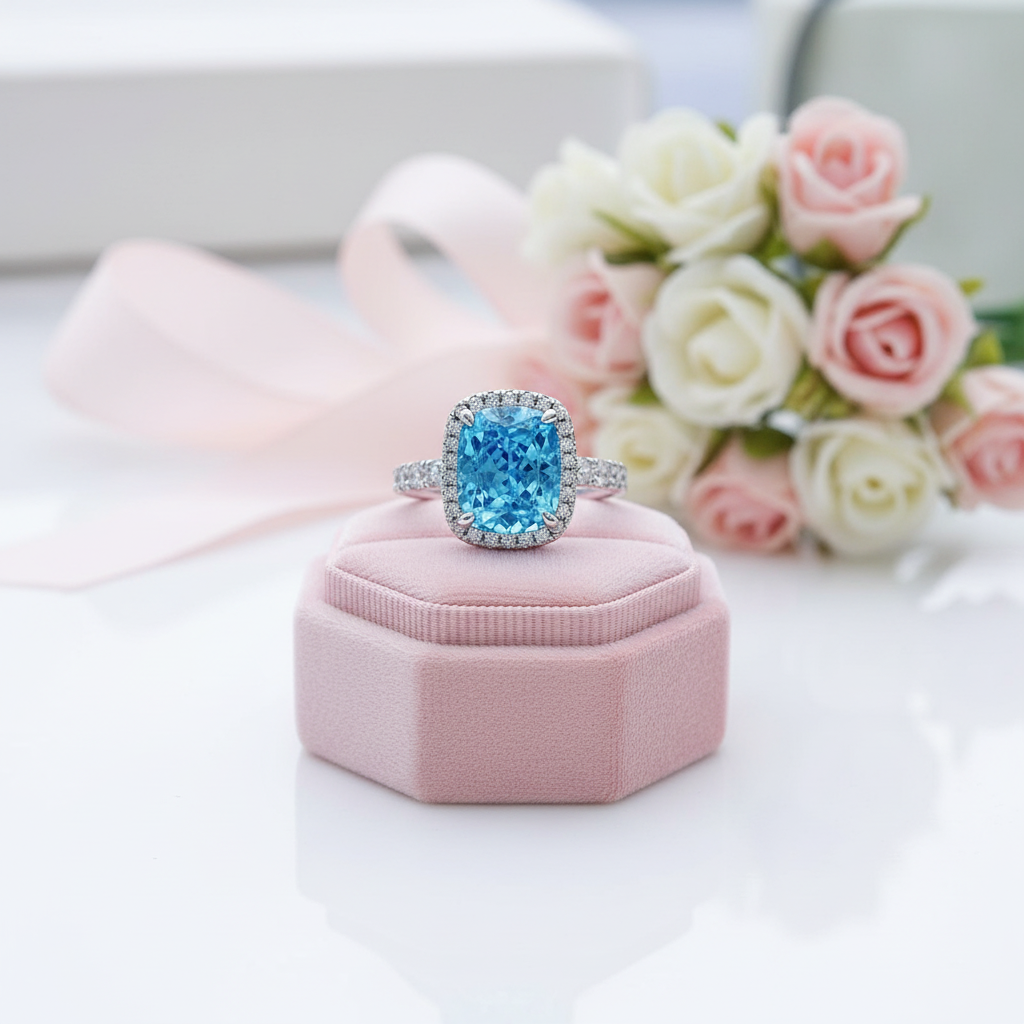Gorgeous Halo Cushion Cut Aquamarine Blue Engagement Ring-Black Diamonds New York