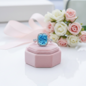 Gorgeous Halo Cushion Cut Aquamarine Blue Engagement Ring-Black Diamonds New York