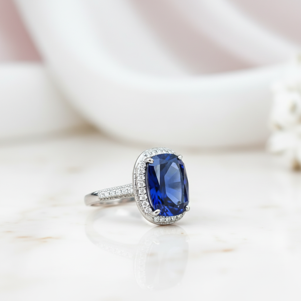 Gorgeous Halo Cushion Cut Blue Sapphire Engagement-Black Diamonds New York