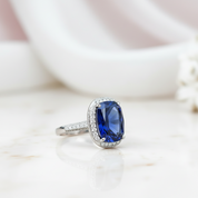 Gorgeous Halo Cushion Cut Blue Sapphire Engagement-Black Diamonds New York