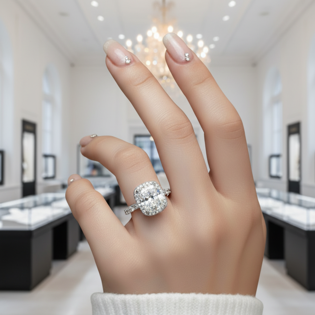 Gorgeous Halo Cushion Cut Simulated Diamond Option Engagement Ring-Black Diamonds New York