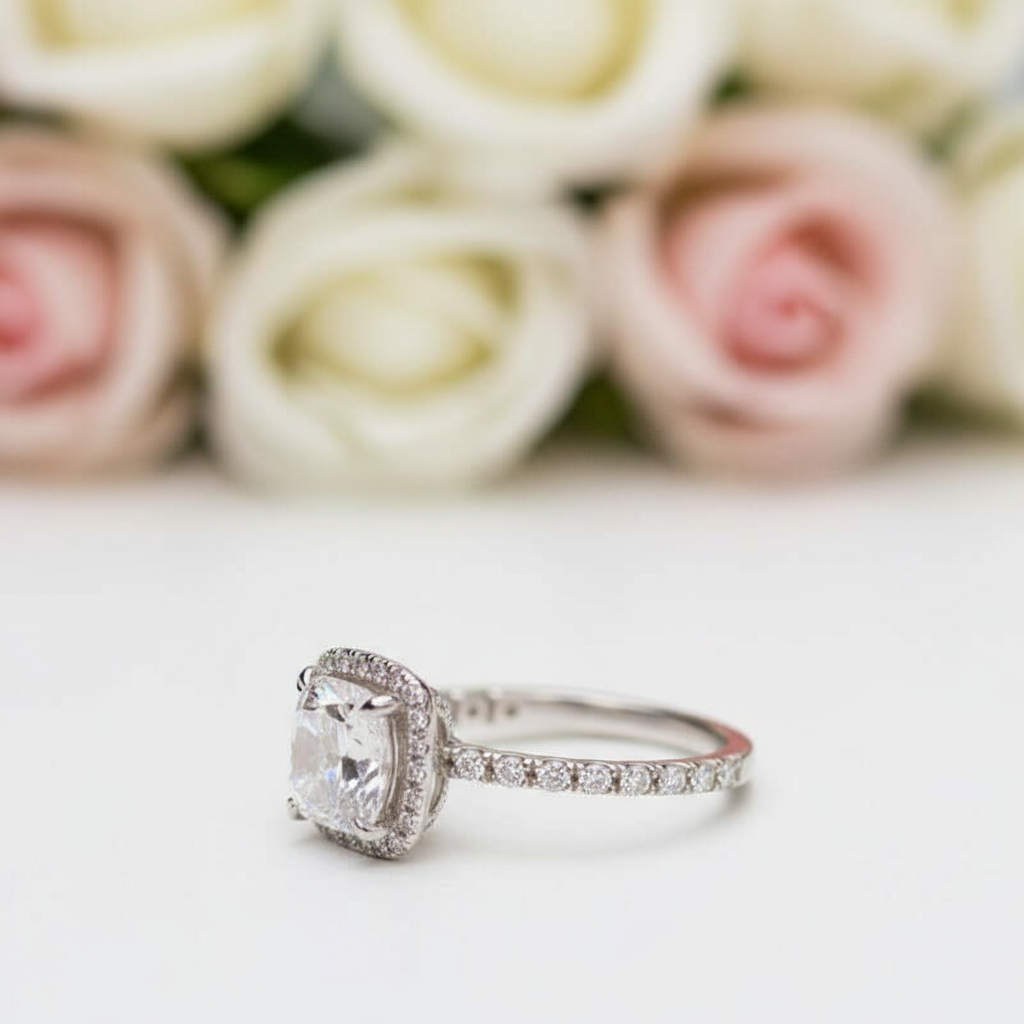 Gorgeous Halo Cushion Cut Simulated Diamond Engagement Ring-Black Diamonds New York