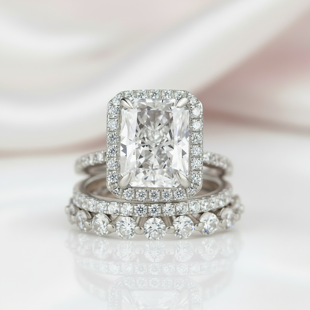 Gorgeous Halo Radiant Cut 3PC Wedding Ring Set-Black Diamonds New York