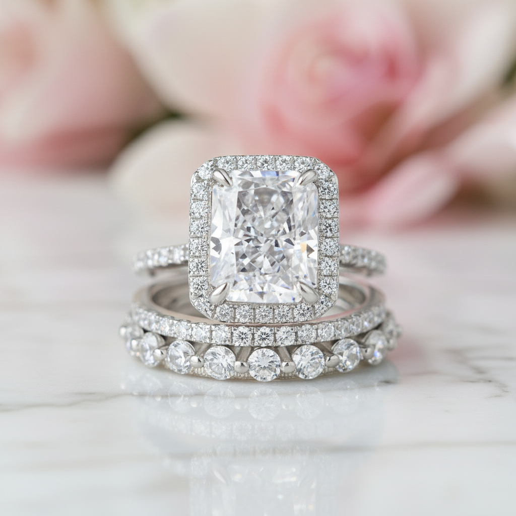 Gorgeous Halo Radiant Cut 3PC Wedding Ring Set-Black Diamonds New York