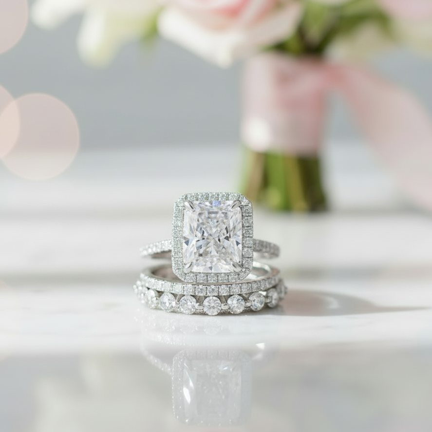 Gorgeous Halo Radiant Cut 3PC Wedding Ring Set-Black Diamonds New York