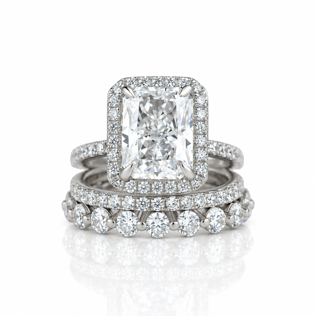 A white gold or platinum engagement ring set featuring a large rectangular emerald-cut diamond surrounded by a halo of smaller round diamonds, with a matching diamond band underneath.