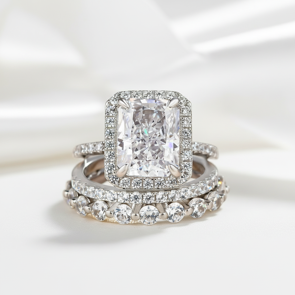 Gorgeous Halo Radiant Cut 3PC Wedding Ring Set-Black Diamonds New York