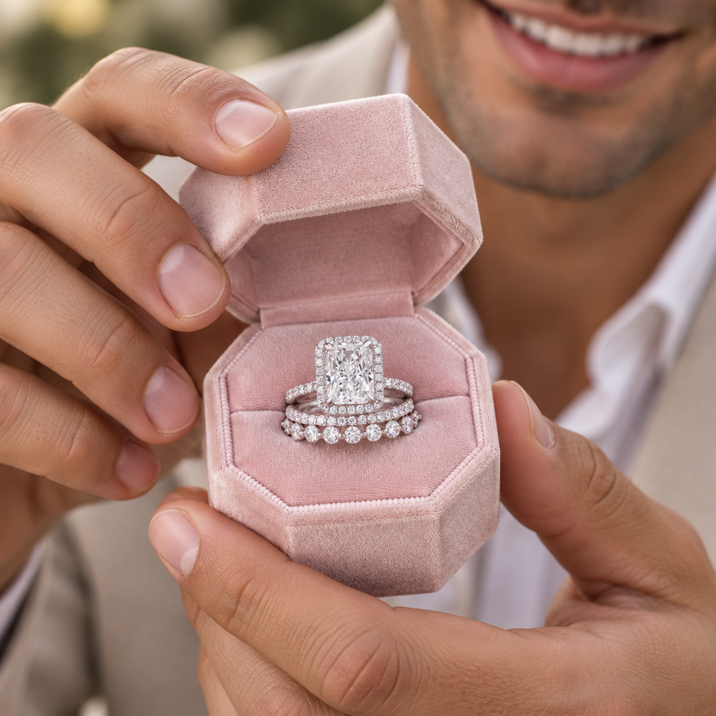 A close-up lifestyle shot of a man holding an open dusty pink velvet ring box. Inside the box are a silver engagement ring with a large square-cut diamond and a matching diamond band.