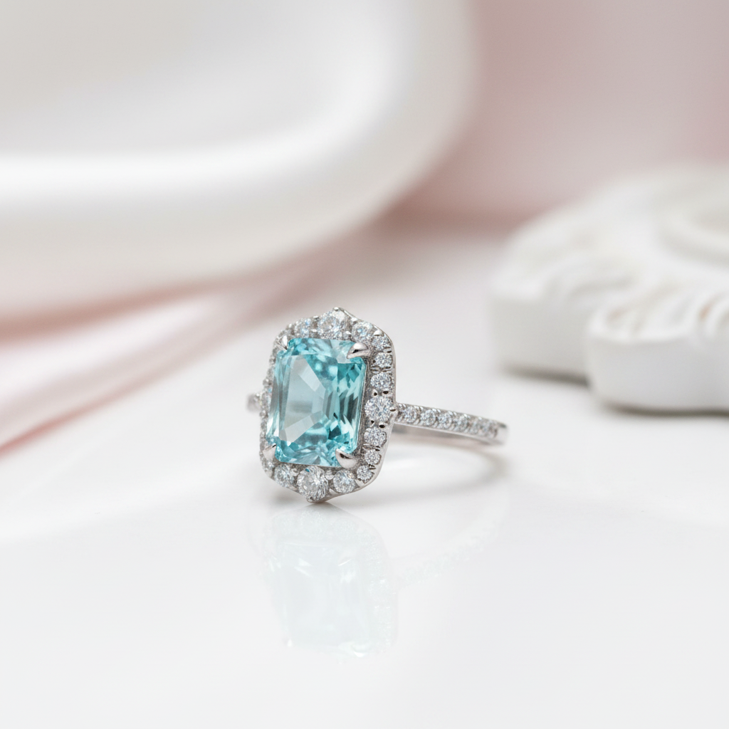 Gorgeous Halo Radiant Cut Cyan Blue Engagement Ring-Black Diamonds New York