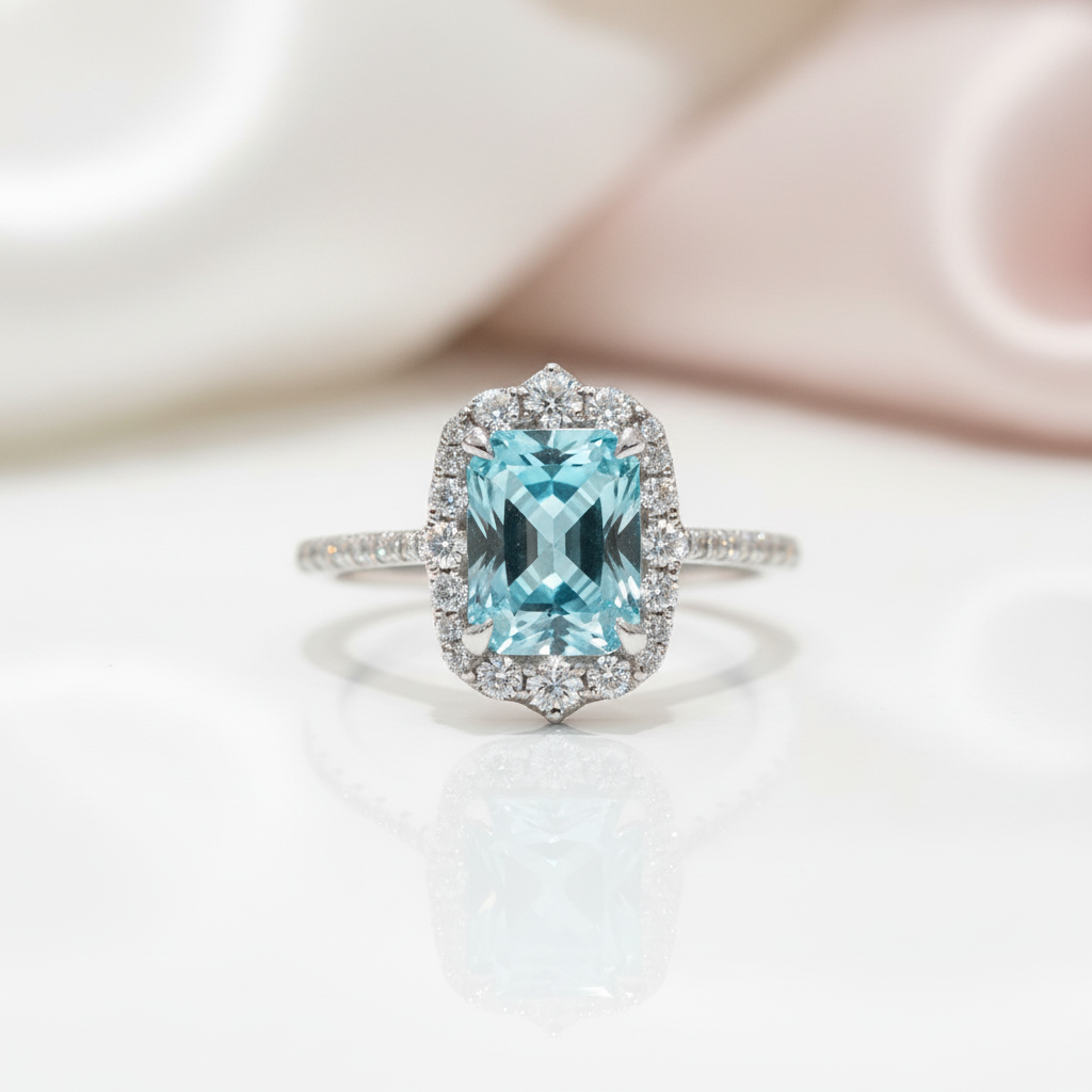 Silver ring with a blue gemstone on a white background