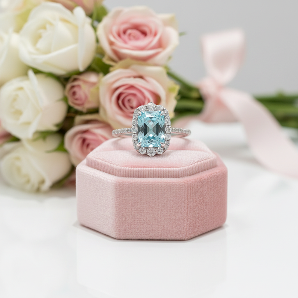 Gorgeous Halo Radiant Cut Cyan Blue Engagement Ring-Black Diamonds New York