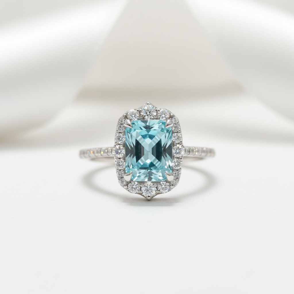 Gorgeous Halo Radiant Cut Cyan Blue Engagement Ring-Black Diamonds New York