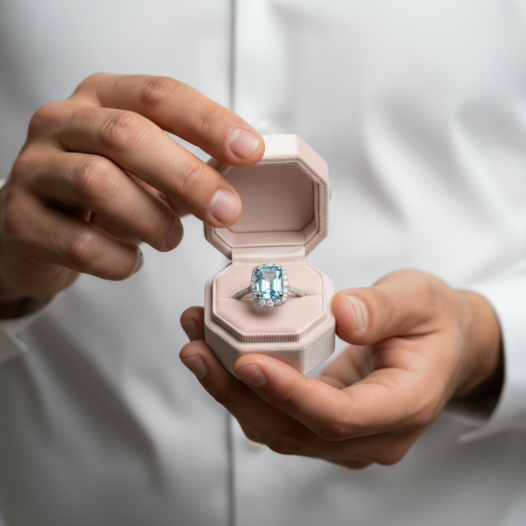 Person holding a pink jewelry box with a diamond ring inside against a white background