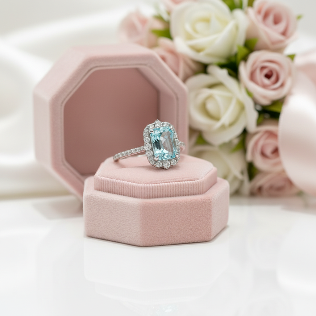 Ring with a blue gemstone on a pink cushion, surrounded by pink and white roses.