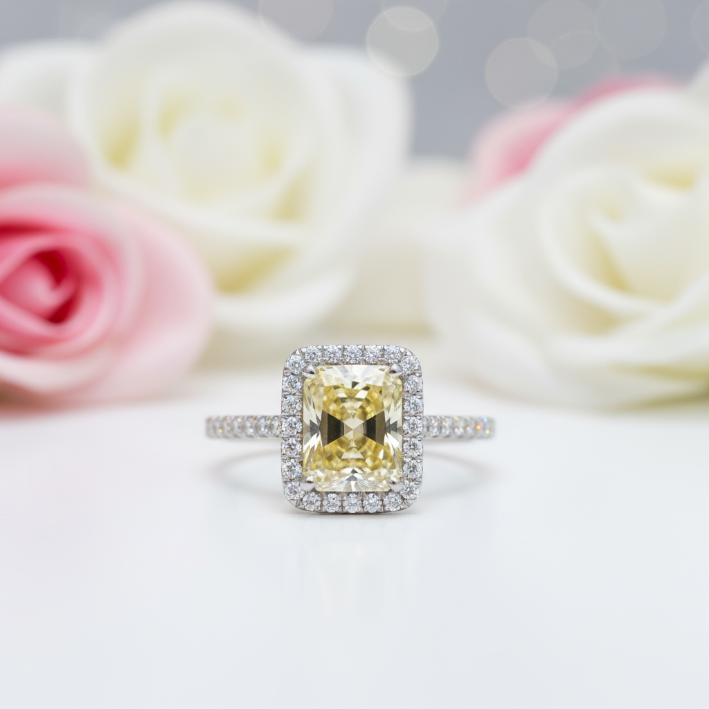 Gorgeous Halo Radiant Cut Yellow Simulated Sapphire Engagement Ring-Black Diamonds New York
