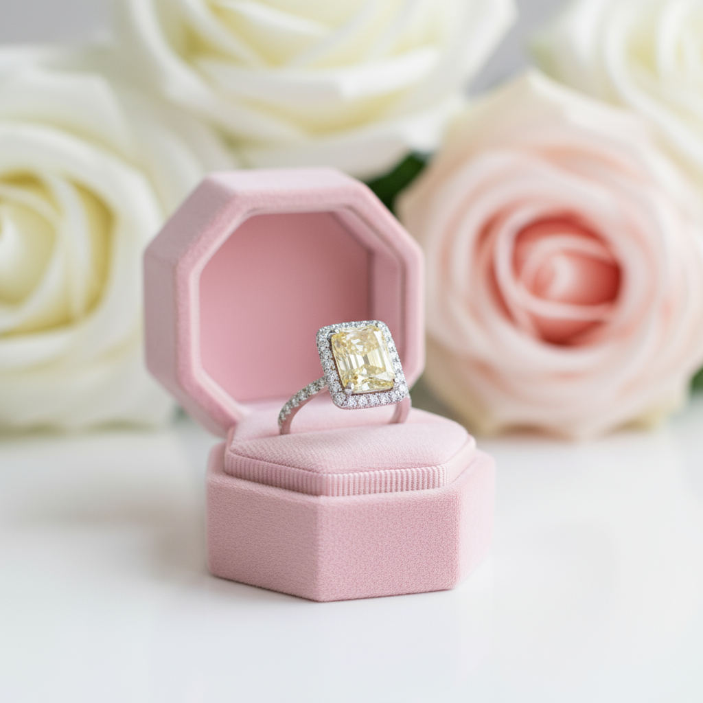 Gorgeous Halo Radiant Cut Yellow Simulated Sapphire Engagement Ring-Black Diamonds New York