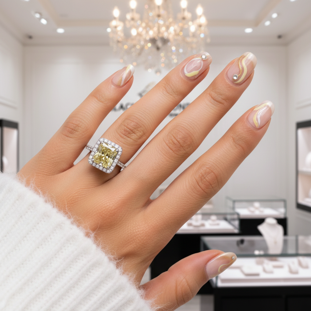 Gorgeous Halo Radiant Cut Yellow Simulated Sapphire Engagement Ring-Black Diamonds New York
