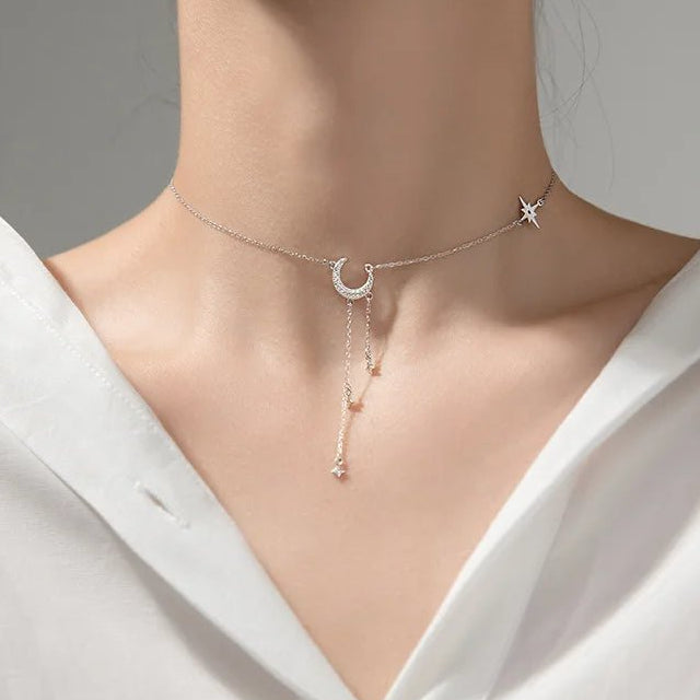 Gorgeous Moon Tassel Star Pendant Short Necklace-Black Diamonds New York