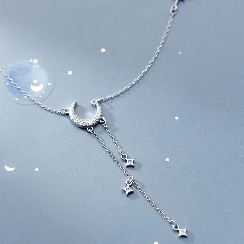 Gorgeous Moon Tassel Star Pendant Short Necklace-Black Diamonds New York