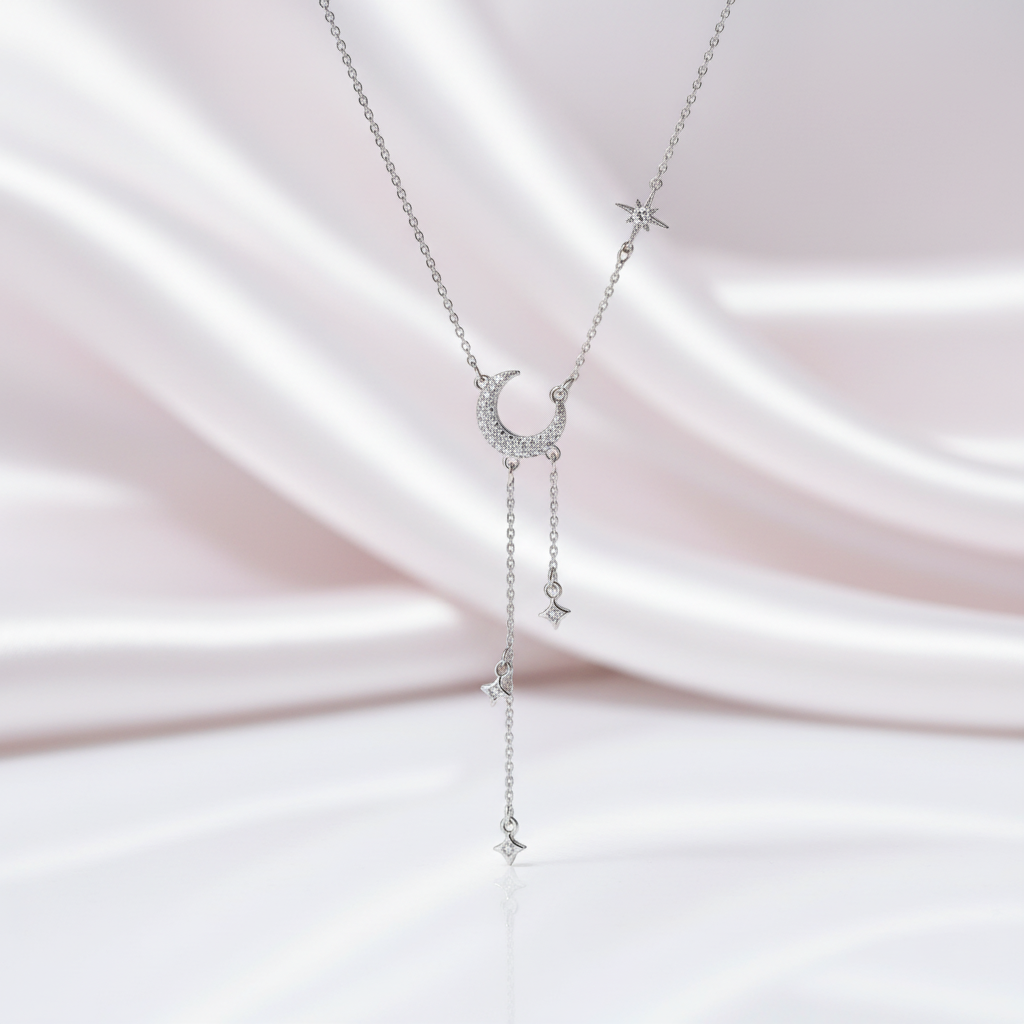 Gorgeous Moon Tassel Star Pendant Short Necklace-Black Diamonds New York