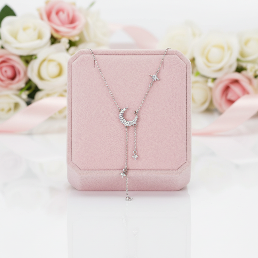 Gorgeous Moon Tassel Star Pendant Short Necklace-Black Diamonds New York