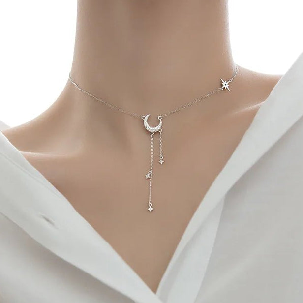 Gorgeous Moon Tassel Star Pendant Short Necklace-Black Diamonds New York
