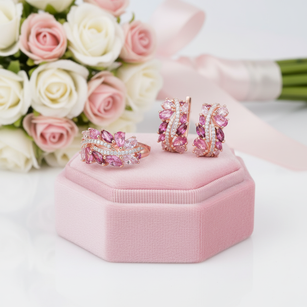 Gorgeous Pink Sapphire & Clear Diamond Option Jewelry Set-Black Diamonds New York