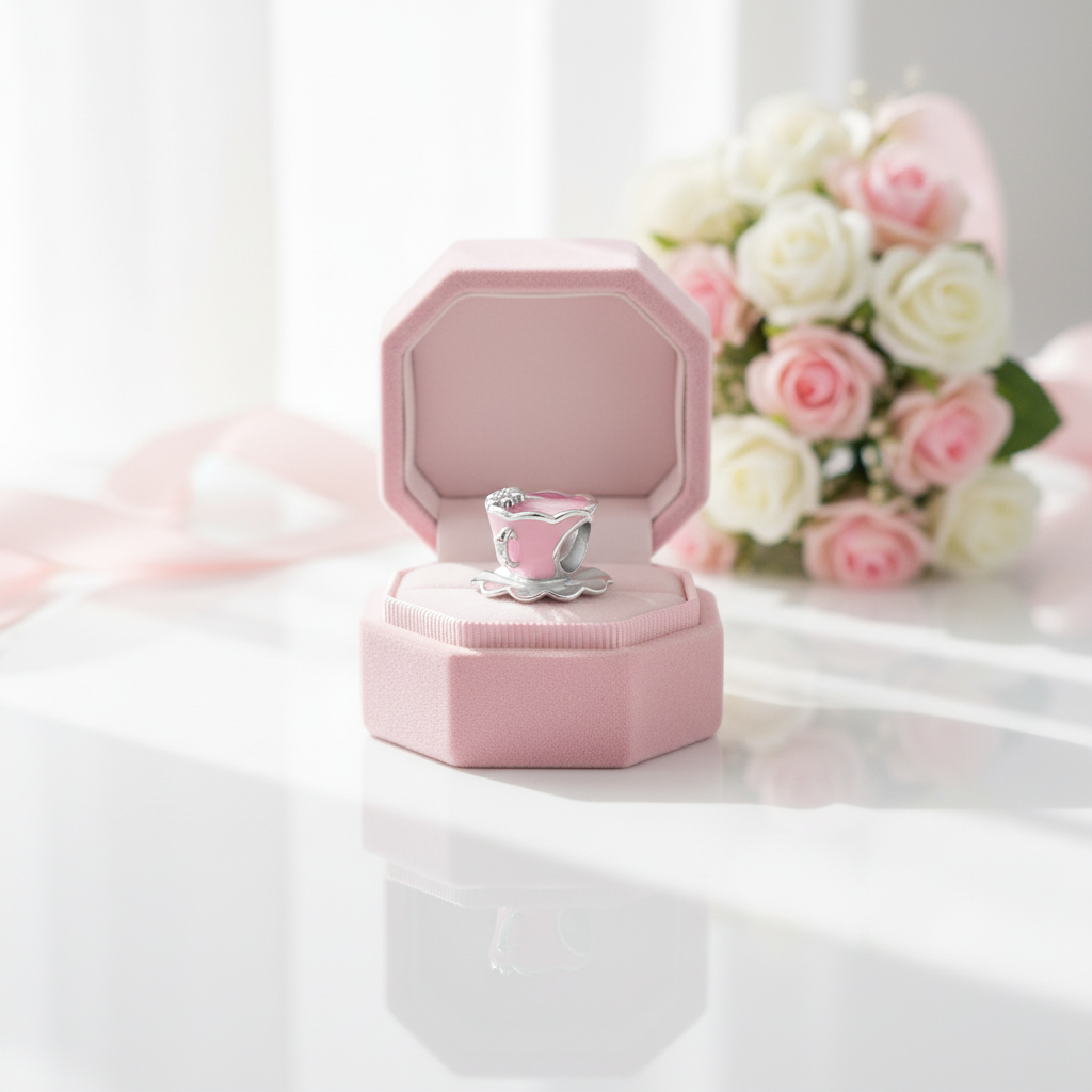 Gorgeous Pink Teacup Charm-Black Diamonds New York
