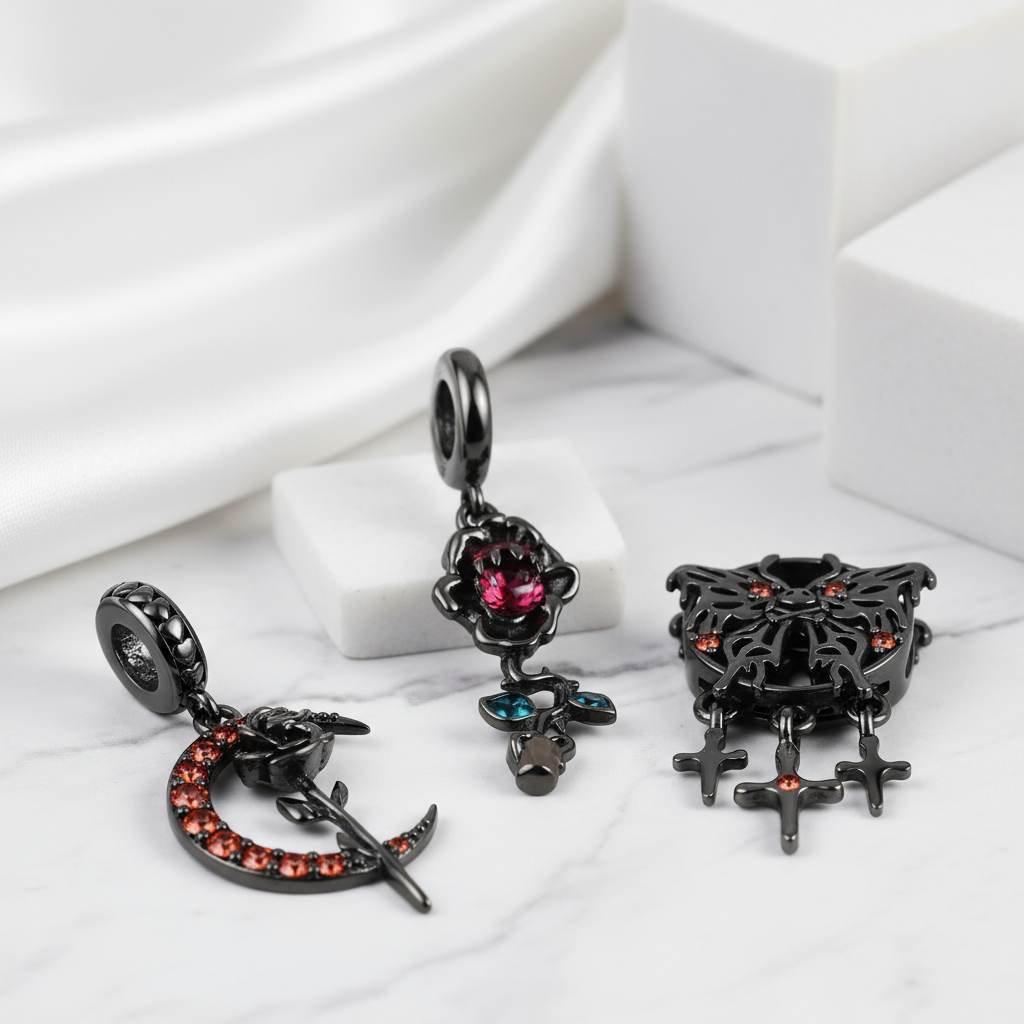 Gothic Black Moon Rose & Butterfly Charm Series-Black Diamonds New York