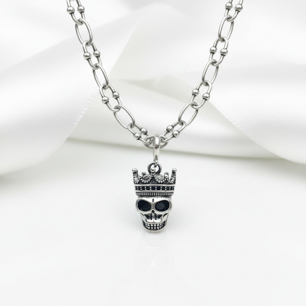Gothic Crowned Skull King Charm Necklace-Black Diamonds New York