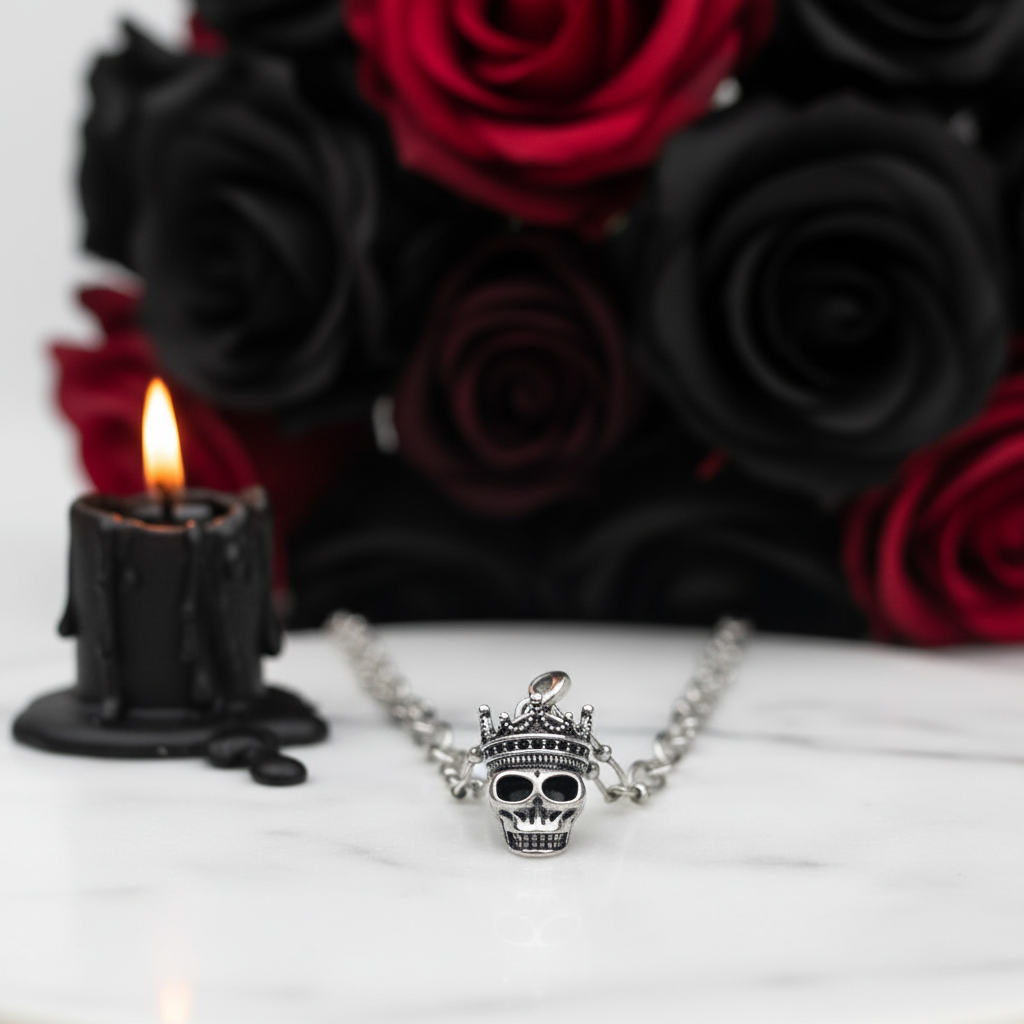 Gothic Crowned Skull King Charm Necklace-Black Diamonds New York
