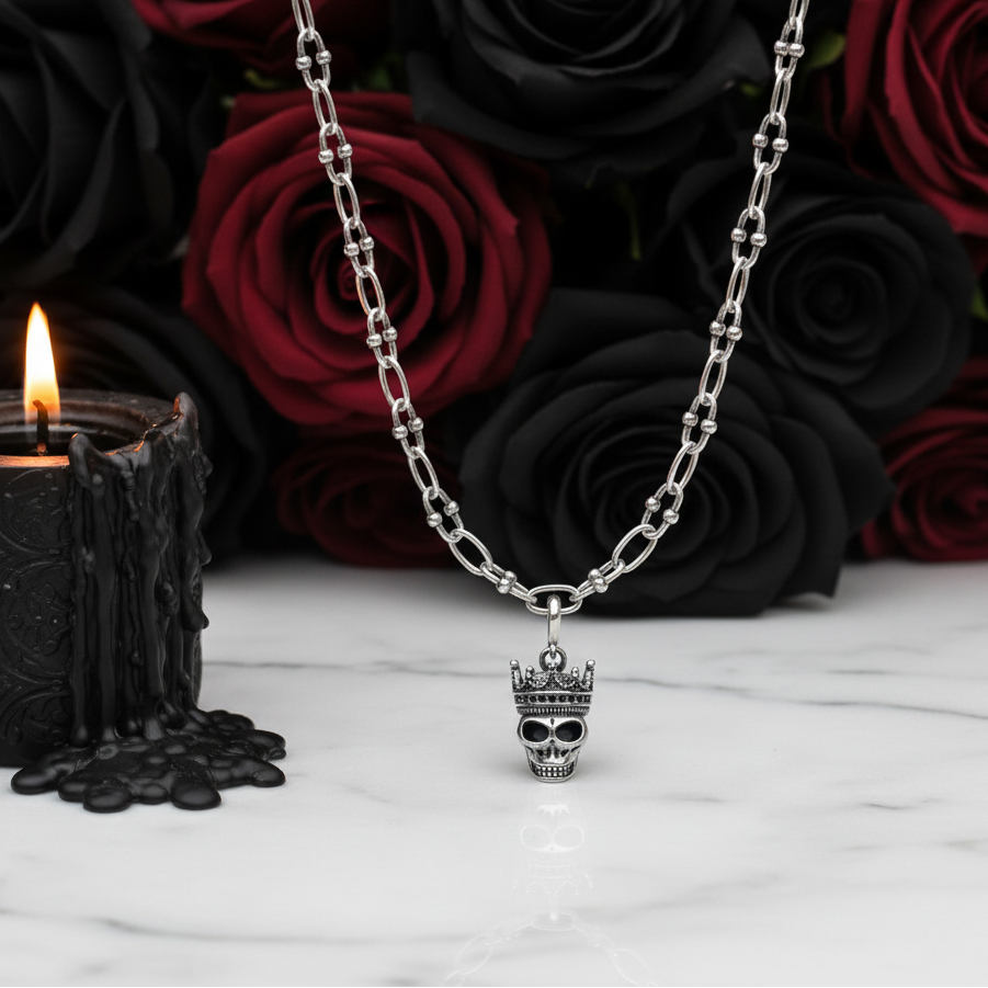 Gothic Crowned Skull King Charm Necklace-Black Diamonds New York