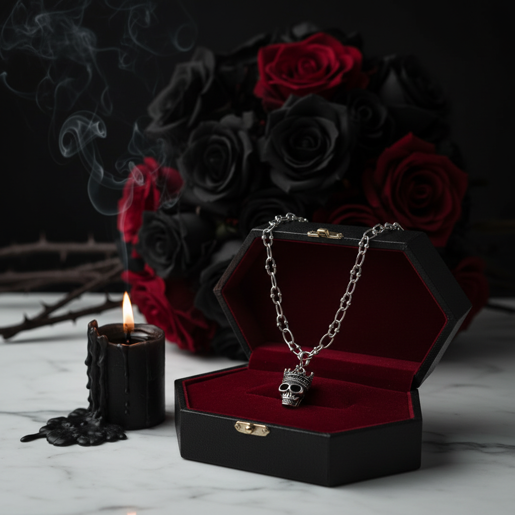 Gothic Crowned Skull King Charm Necklace-Black Diamonds New York