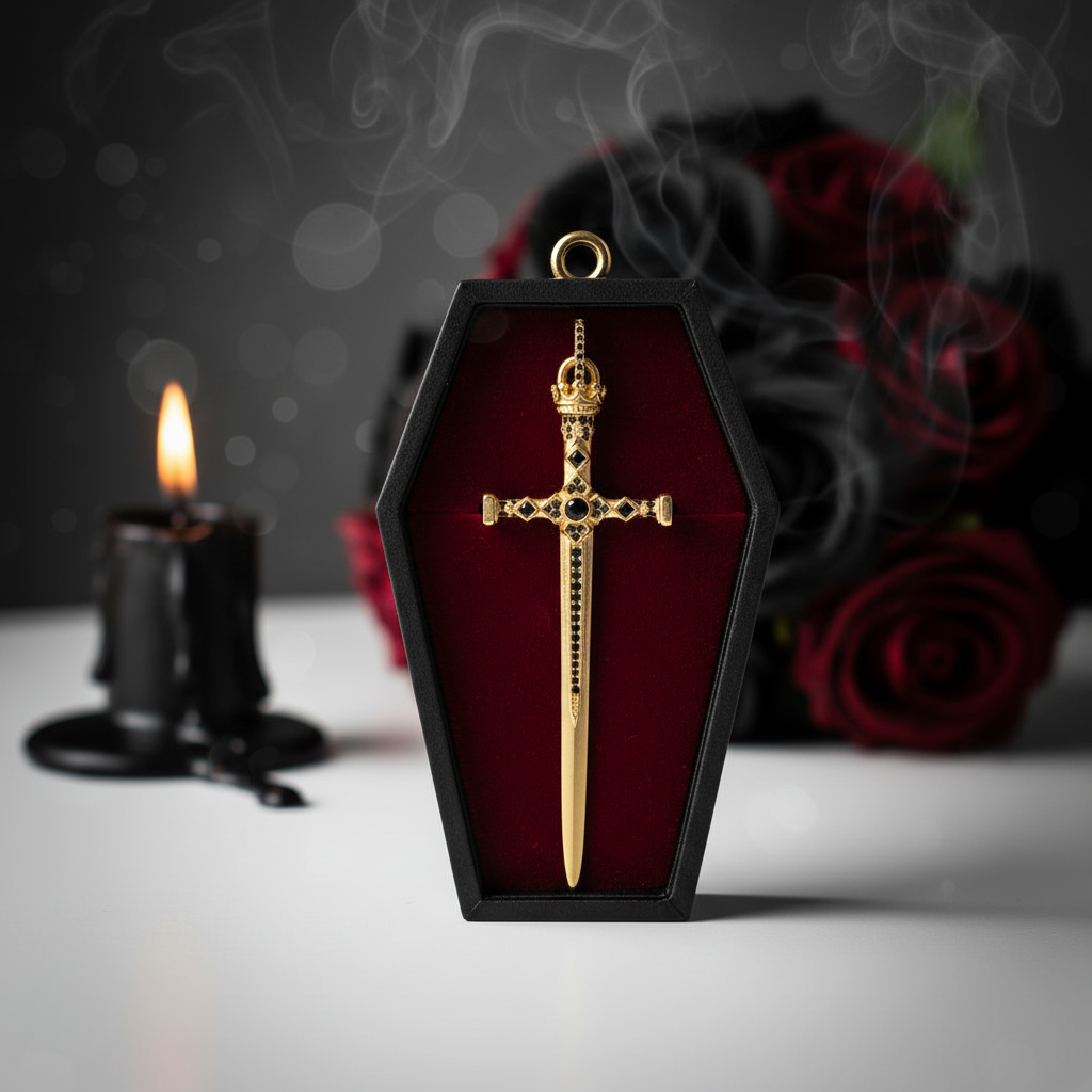 Gothic European Option Sword & Knight Skull with Crown Pendants-Black Diamonds New York