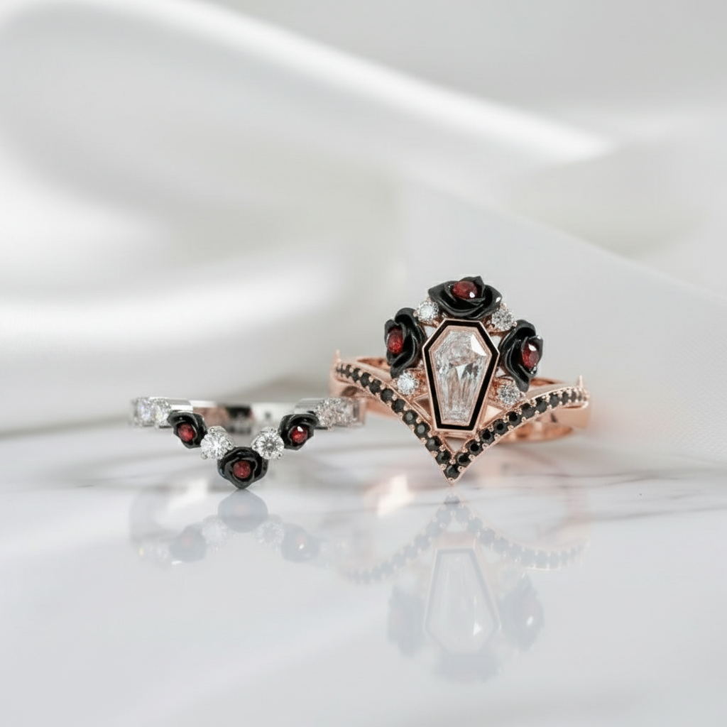 Gothic Romance Wedding Rings- Coffin Cut Diamond with Black Roses in 14k White Gold Band with Thorns-Black Diamonds New York