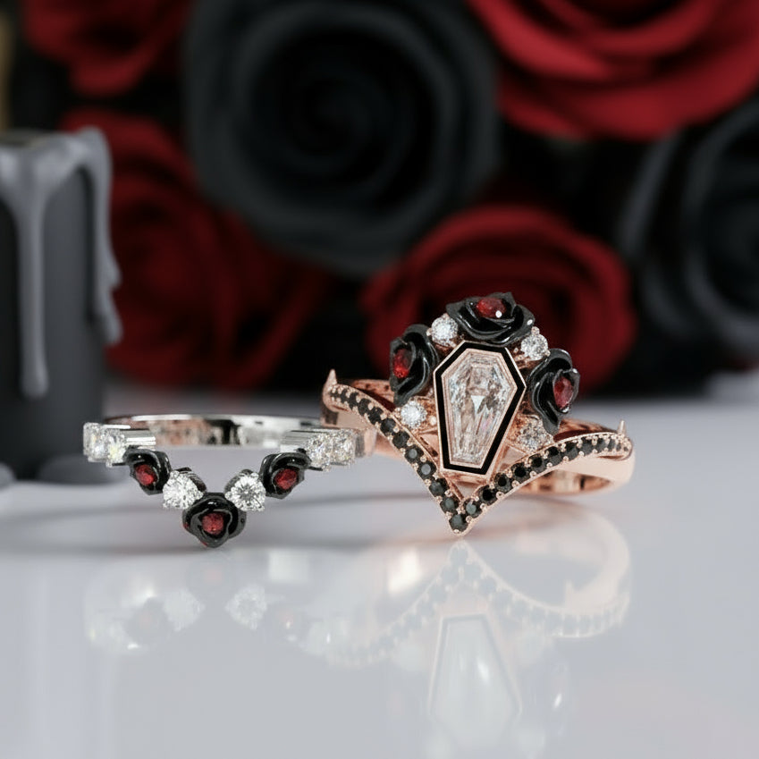 Gothic Romance Wedding Rings- Coffin Cut Diamond with Black Roses