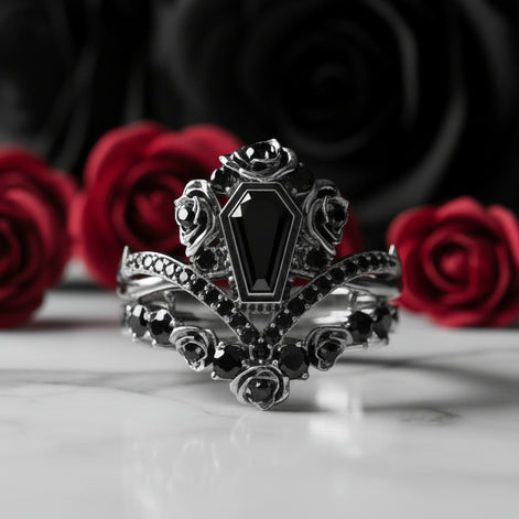 Gothic Romance Wedding Rings- Coffin Cut Diamond with Black Roses in 14k White Gold Band with Thorns-Black Diamonds New York