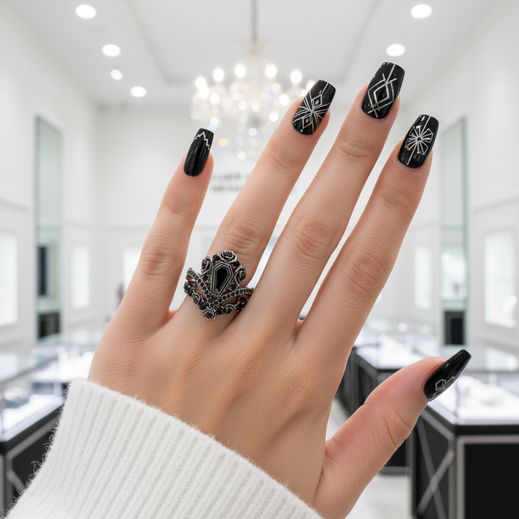 Gothic Romance Wedding Rings- Coffin Cut Diamond Option with Black Roses in 14k White Gold Band with Thorns-Black Diamonds New York