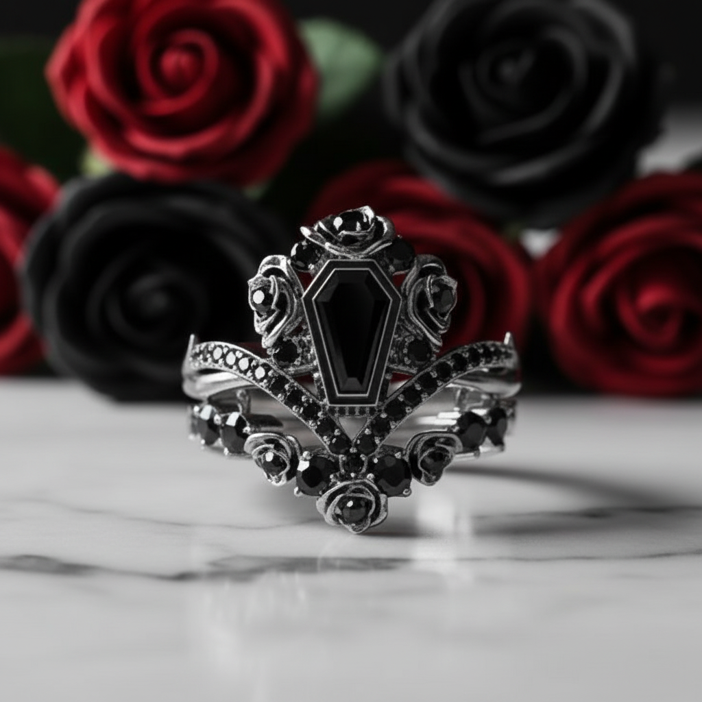 Gothic Romance Wedding Rings- Coffin Cut Diamond with Black Roses in 14k White Gold Band with Thorns-Black Diamonds New York